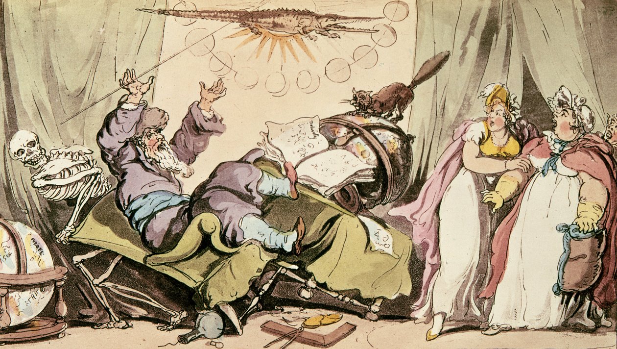 Alle Schicksale schwor er ihm bekannt zu sein, und doch konnte er sein eigenes nicht sagen, Karikatur eines Wahrsagers, veröffentlicht von R. Ackermann, 1815 von Thomas Rowlandson