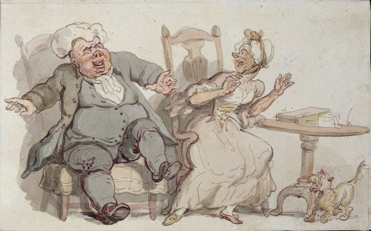 Eine alte Frau und ihr Hund erschrecken vor männlicher Gesellschaft von Thomas Rowlandson