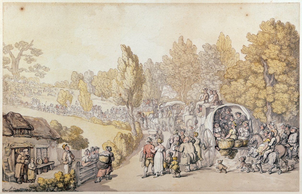 Karikatur, die Landbewohner zeigt, die in die Stadt ziehen, 1818 von Thomas Rowlandson