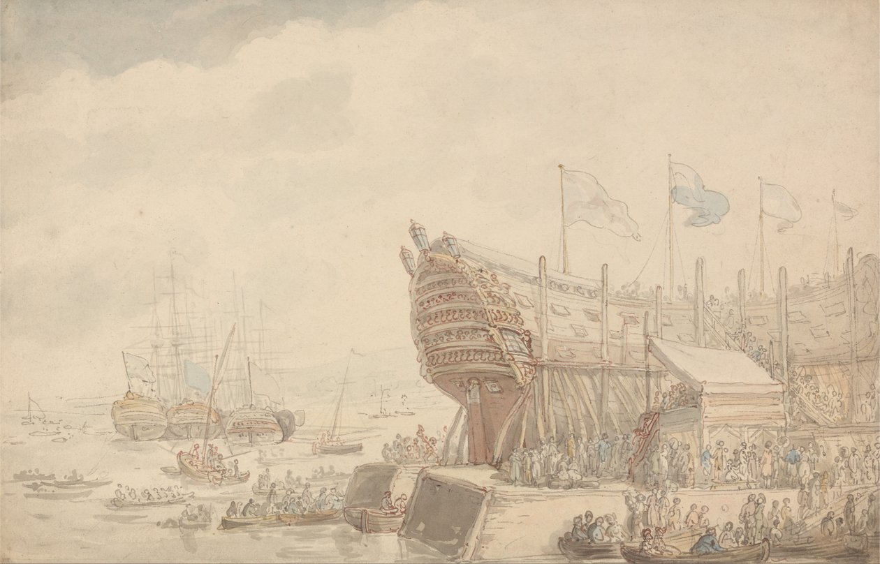 Der Stapellauf der H.M.S. Hibernia 1804 von Thomas Rowlandson