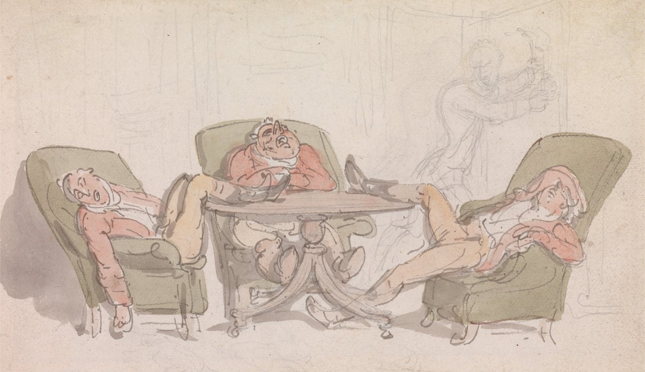 Drei Sportler schlafen am Tisch in ihren Stühlen von Thomas Rowlandson