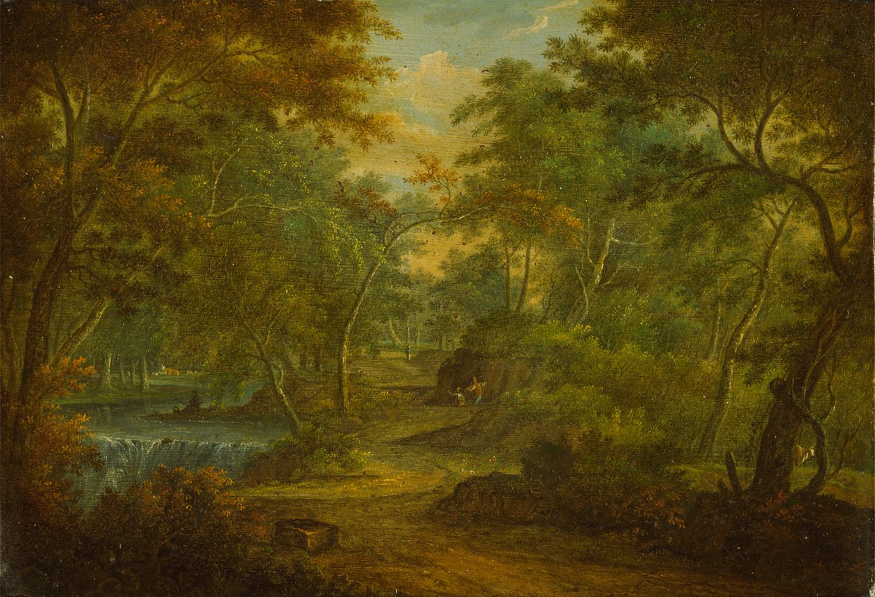 Bewaldete Landschaft mit einem Bach und einem Fischer von Thomas Smith of Derby