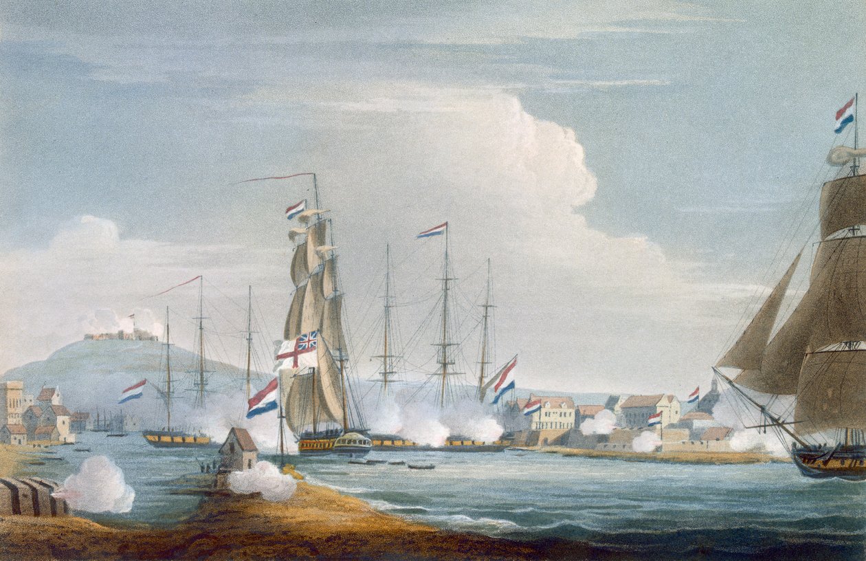 Eroberung des Hafens von Curacoa, Niederländische Ostindien, graviert von J. Bailey für 