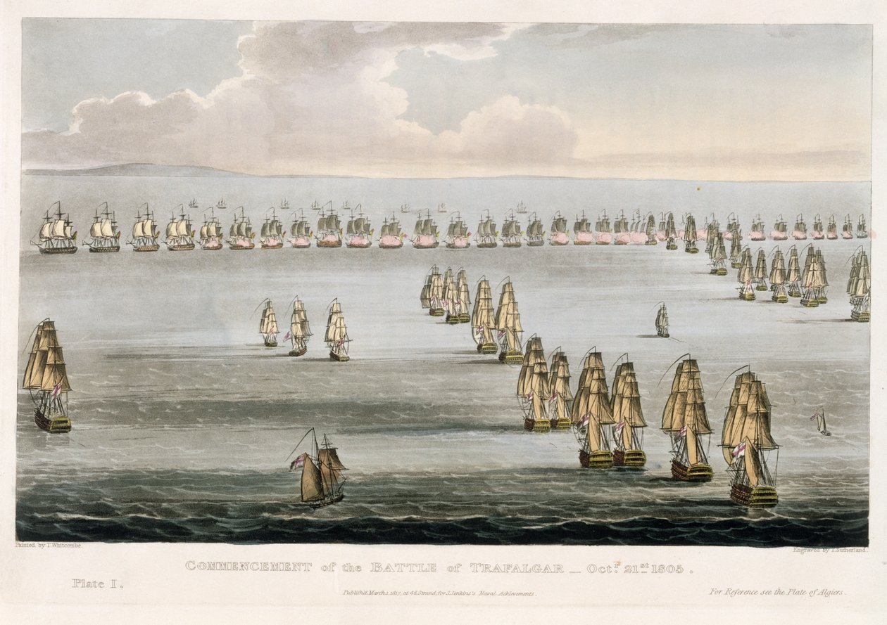 Beginn der Schlacht von Trafalgar, 21. Oktober 1805, graviert von Thomas Sutherland für J. Jenkins