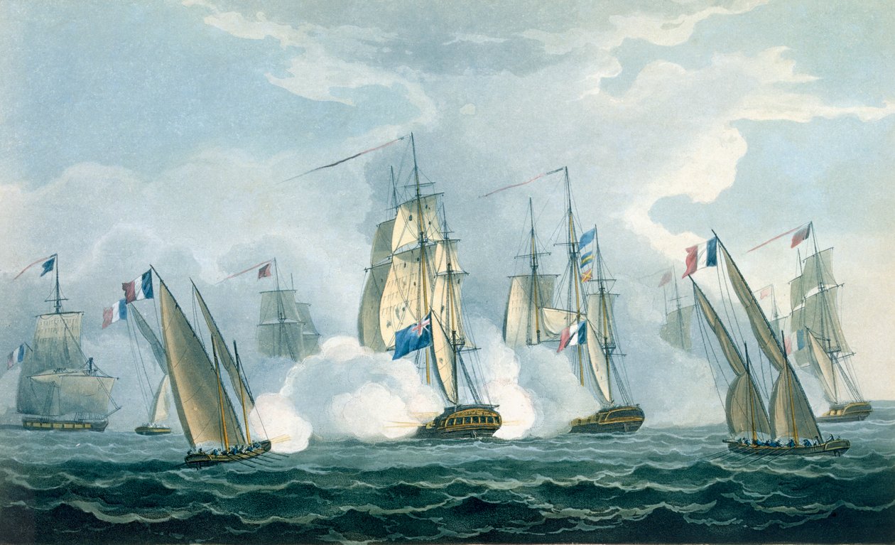 HMS Sirius, Kapitän Rowse im Gefecht mit einem französischen Geschwader vor der Mündung des Tiber, 17. April 1806, graviert von T. Sutherland für 