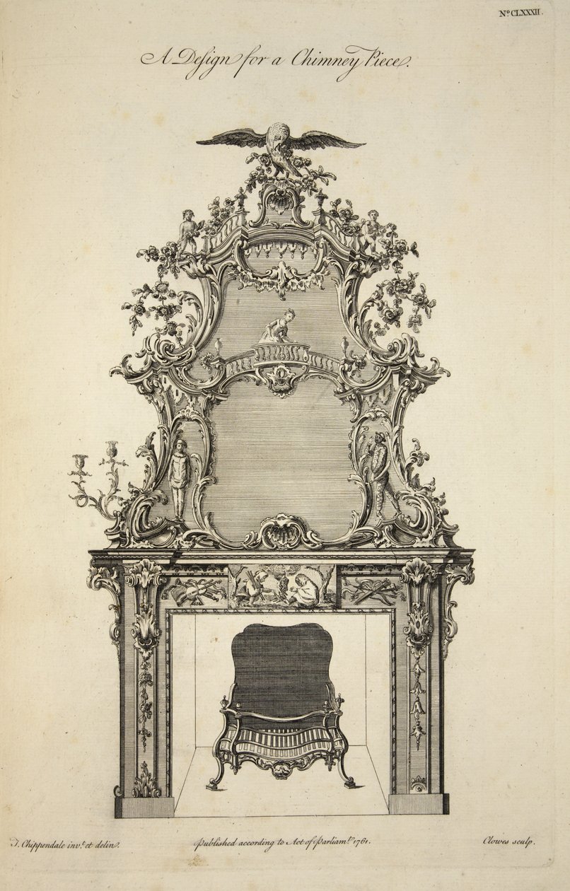 Entwurf für ein Kaminstück, veröffentlicht 1761 von Thomas after Chippendale