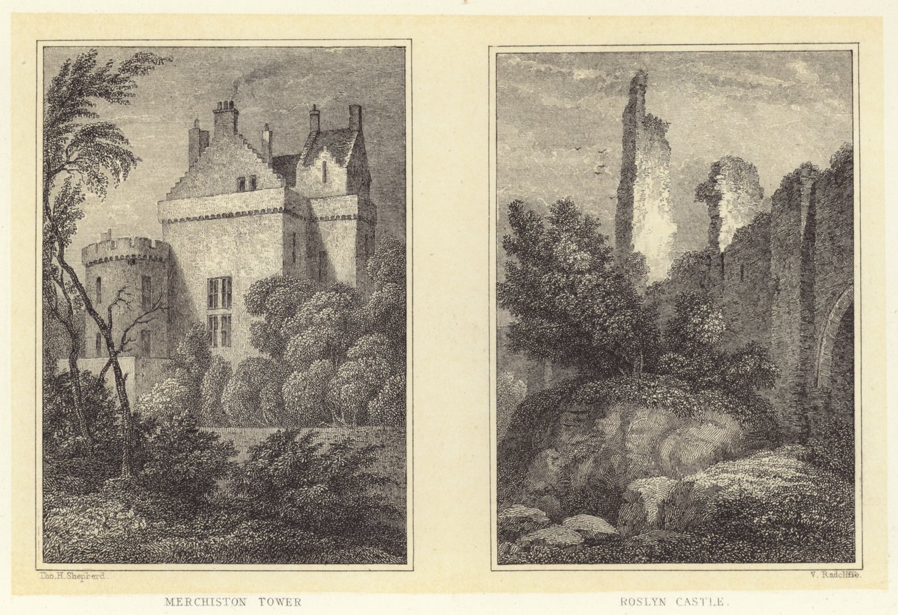 Merchiston Tower; Roslyn Castle von Thomas Hosmer (after) Shepherd