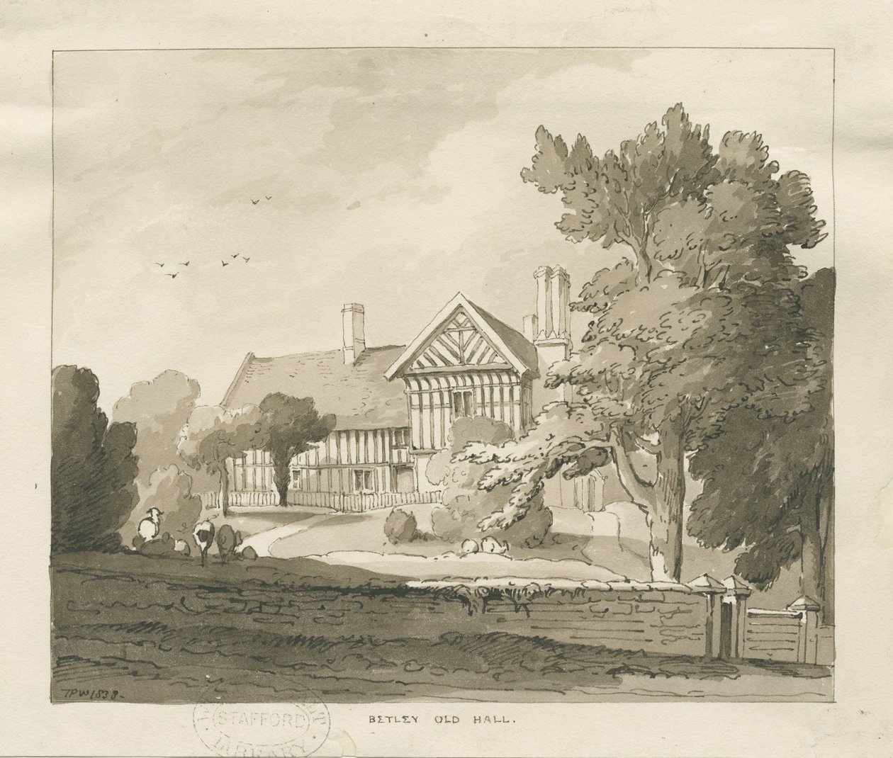 Betley Altes Herrenhaus: Sepiazeichnung, 1838 von Thomas Peploe Wood