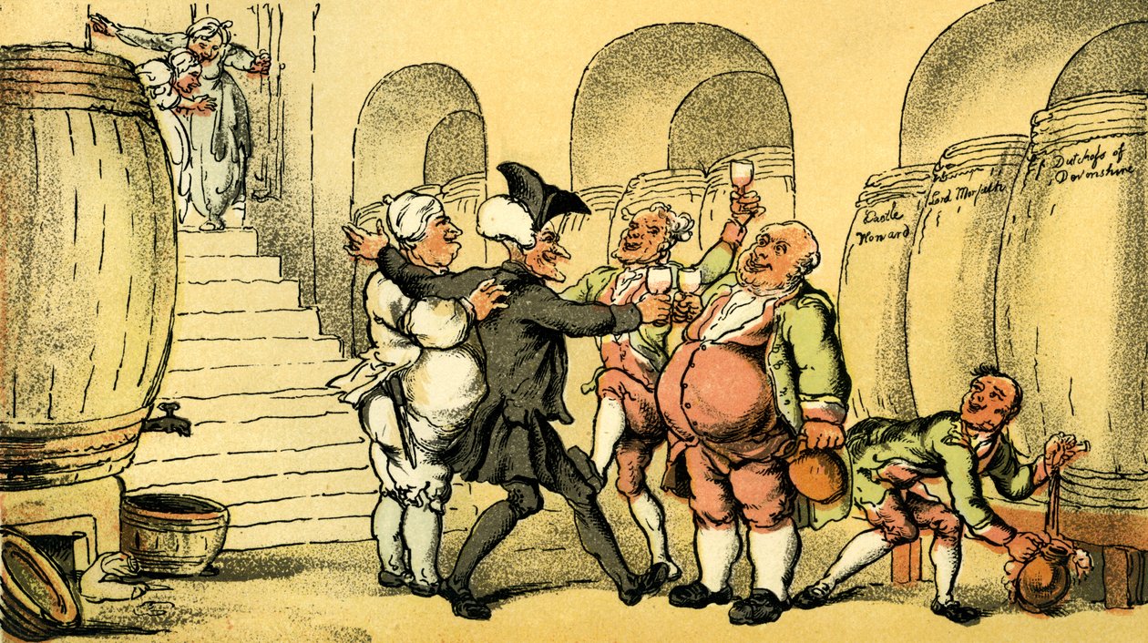 Dr. Syntax wird im Keller willkommen geheißen von Thomas Rowlandson