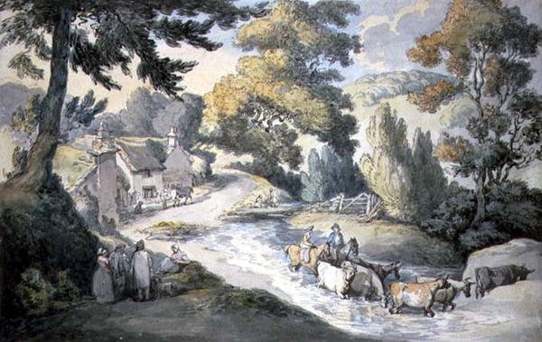 Landschaft mit Vieh, das einen Bach durchquert von Thomas Rowlandson