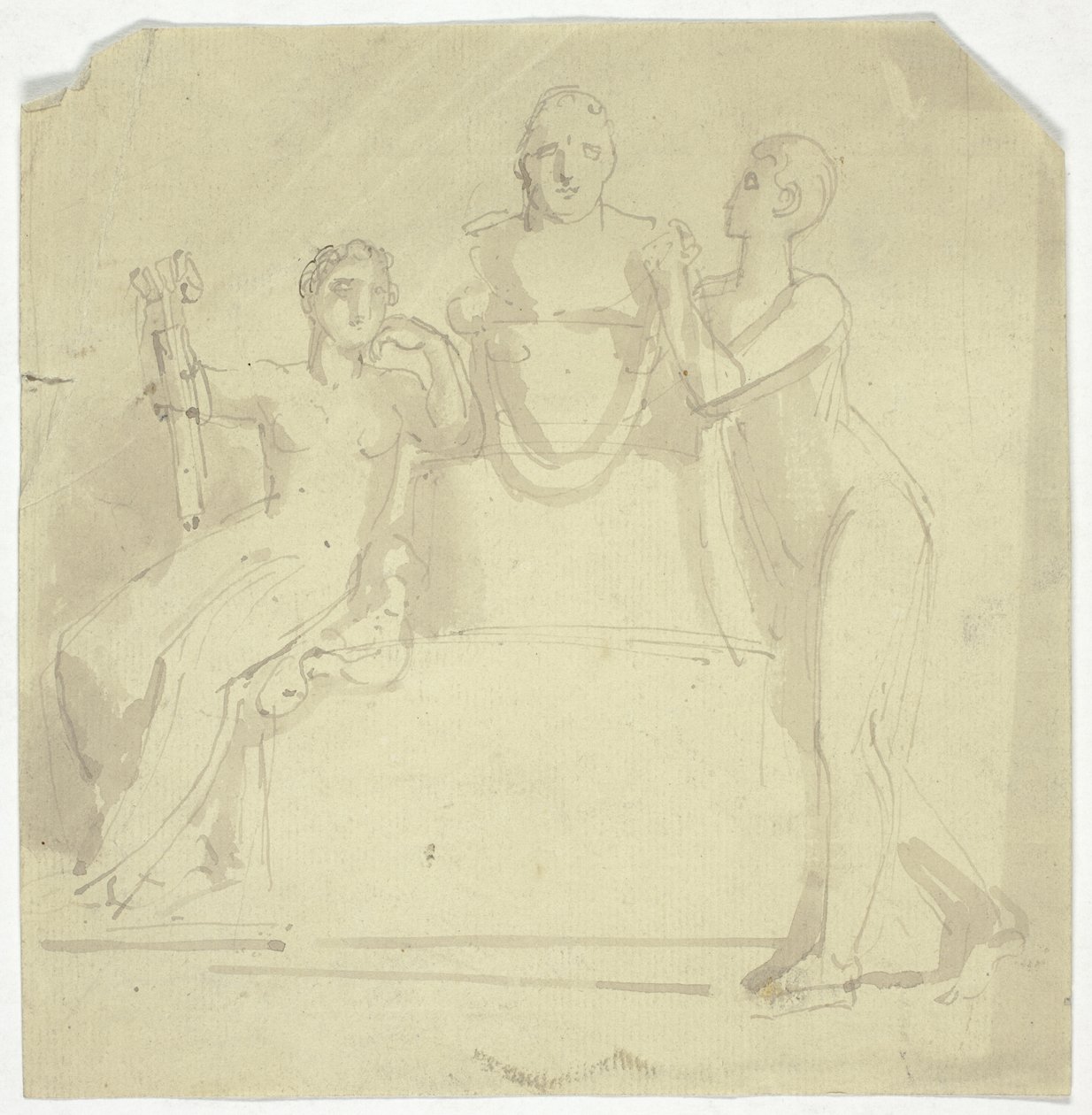 Zwei weibliche Figuren mit einer Büste von Thomas Stothard