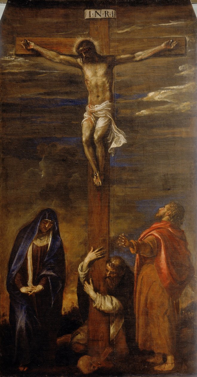 Christus am Kreuz mit der Jungfrau, dem Heiligen Johannes und dem Heiligen Dominikus von Tiziano Vecelli