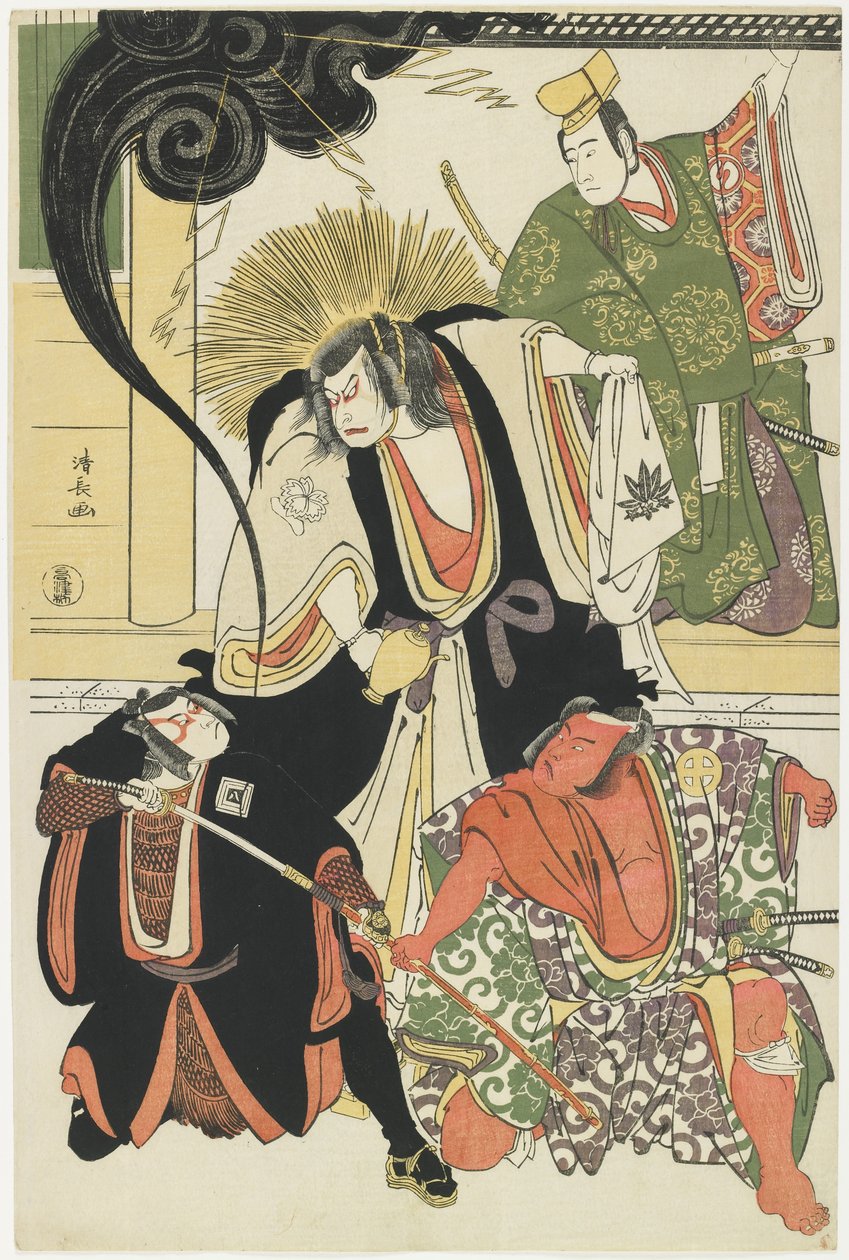 Szene aus dem AKbuki-Stück Yukimotsutake furisode Genji, 1785 von Torii Kiyonaga