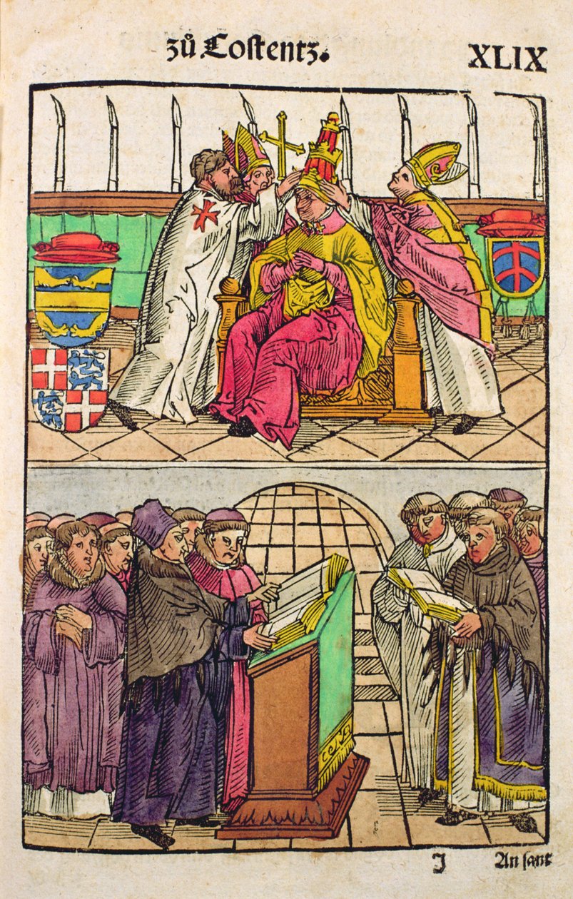 Papst Martin V wird beim Konzil von Konstanz in das Papsttum eingesetzt, aus 