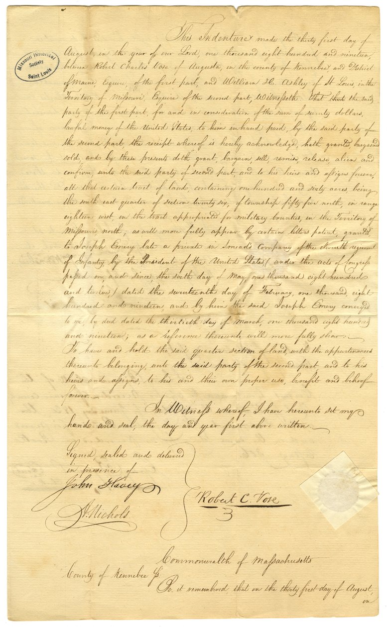 Land umfasst das südöstliche Viertel von Abschnitt 26, Township 55 Nord, Bereich 18 West, im für militärische Prämien reservierten Gebiet im Missouri-Territorium von Unbekannt Unbekannt