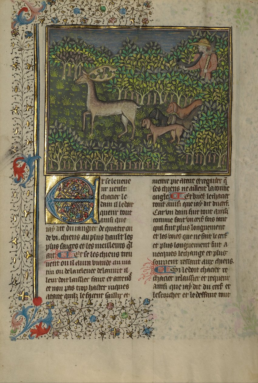 Ein Jäger und Hunde verfolgen ein Damwild von Unbekannt Unbekannt