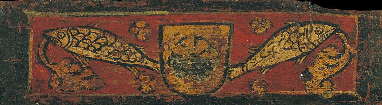 Deckenpaneel mit Wappen und Fischen, die Pflanzenmotive verschlingen von Unbekannt Unbekannt