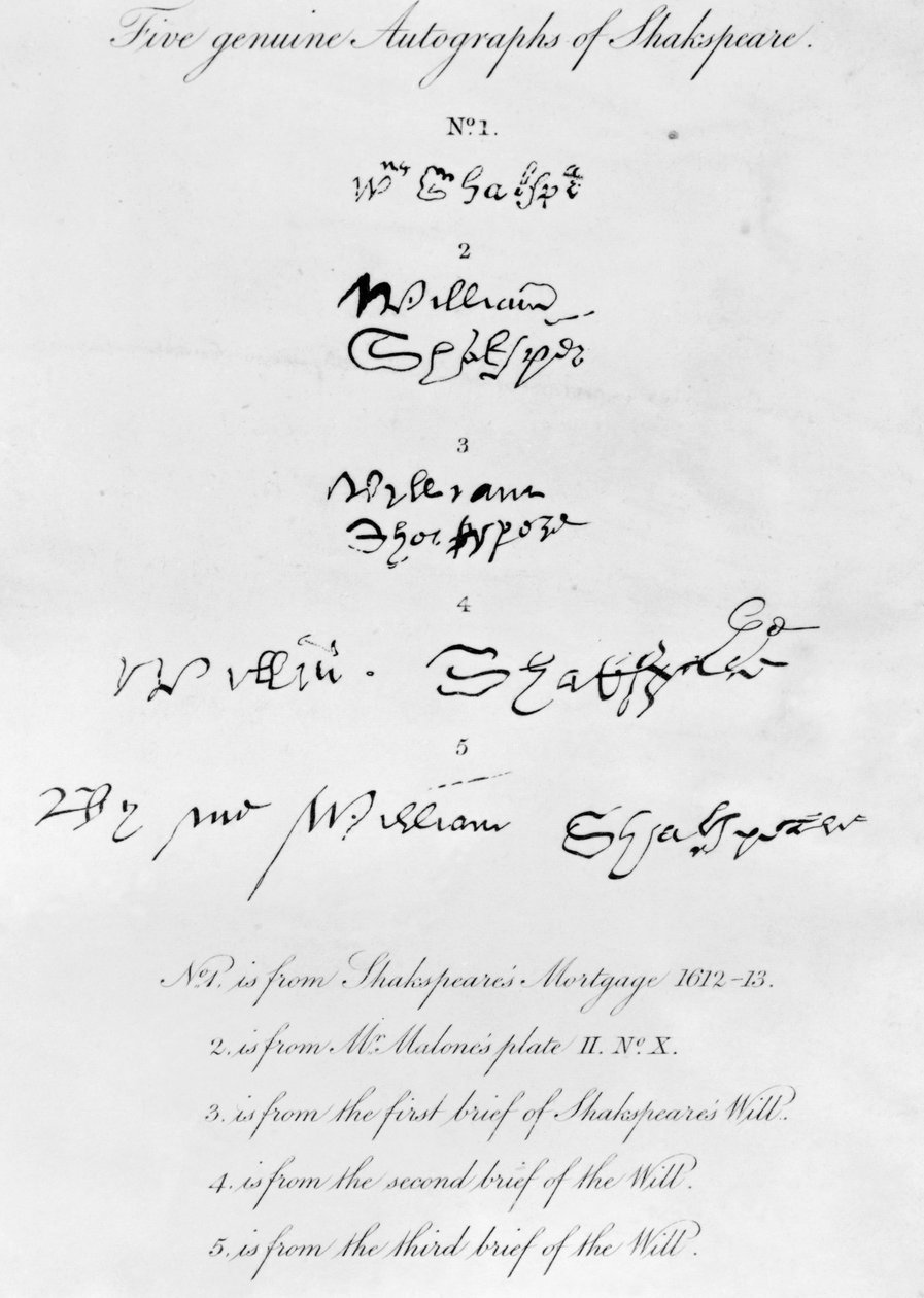 Fünf echte Autogramme von William Shakespeare (1564-1616) von Unbekannt Unbekannt