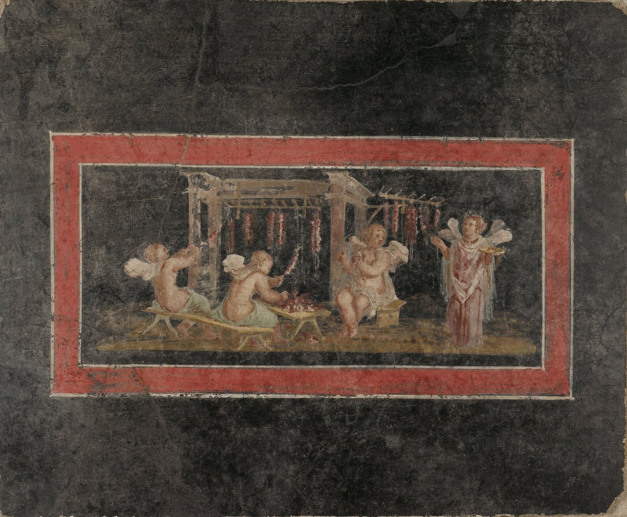 Fresko-Fragment mit vier Cupidos, die Girlanden aufhängen von Unbekannt Unbekannt