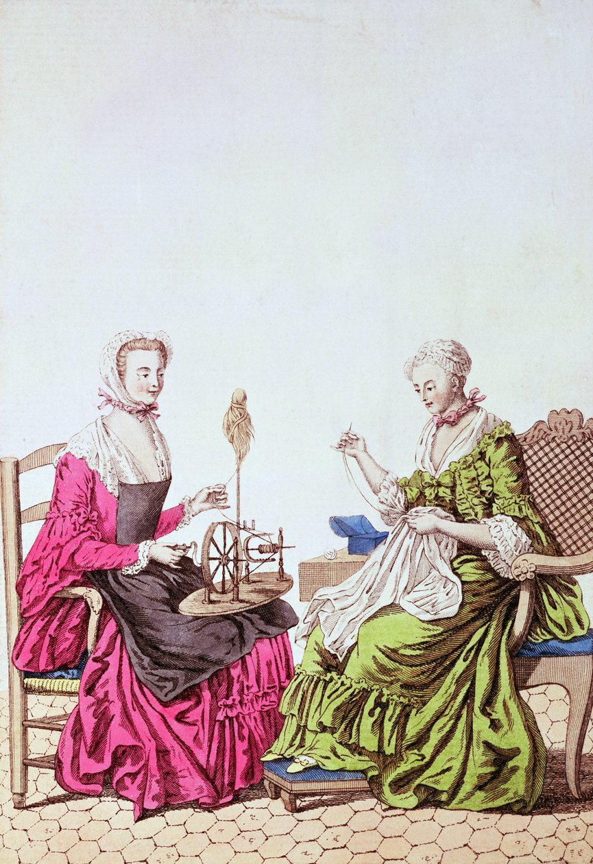 Damen beim Spinnen und Nähen, ca. 1765 von Unbekannt Unbekannt