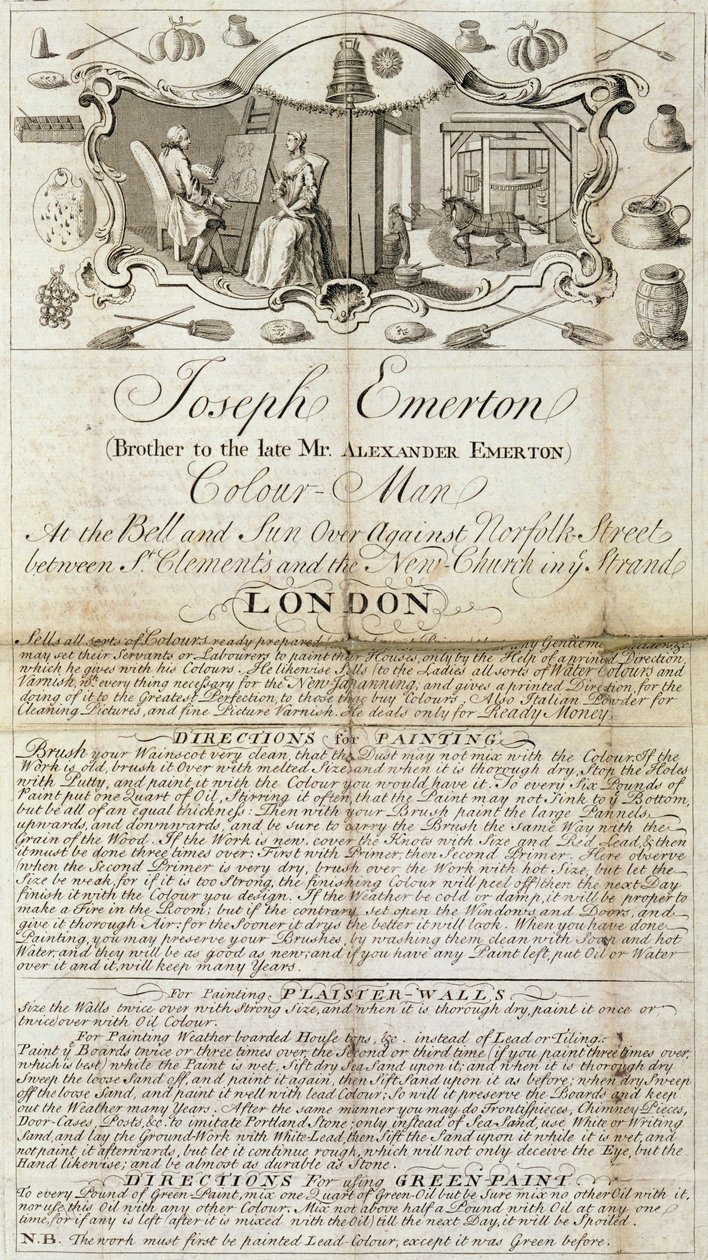 Handelsblatt von Joseph Emerton, Farbmann, Werbung für Malmaterialien, ca. 1744 von Unbekannt Unbekannt