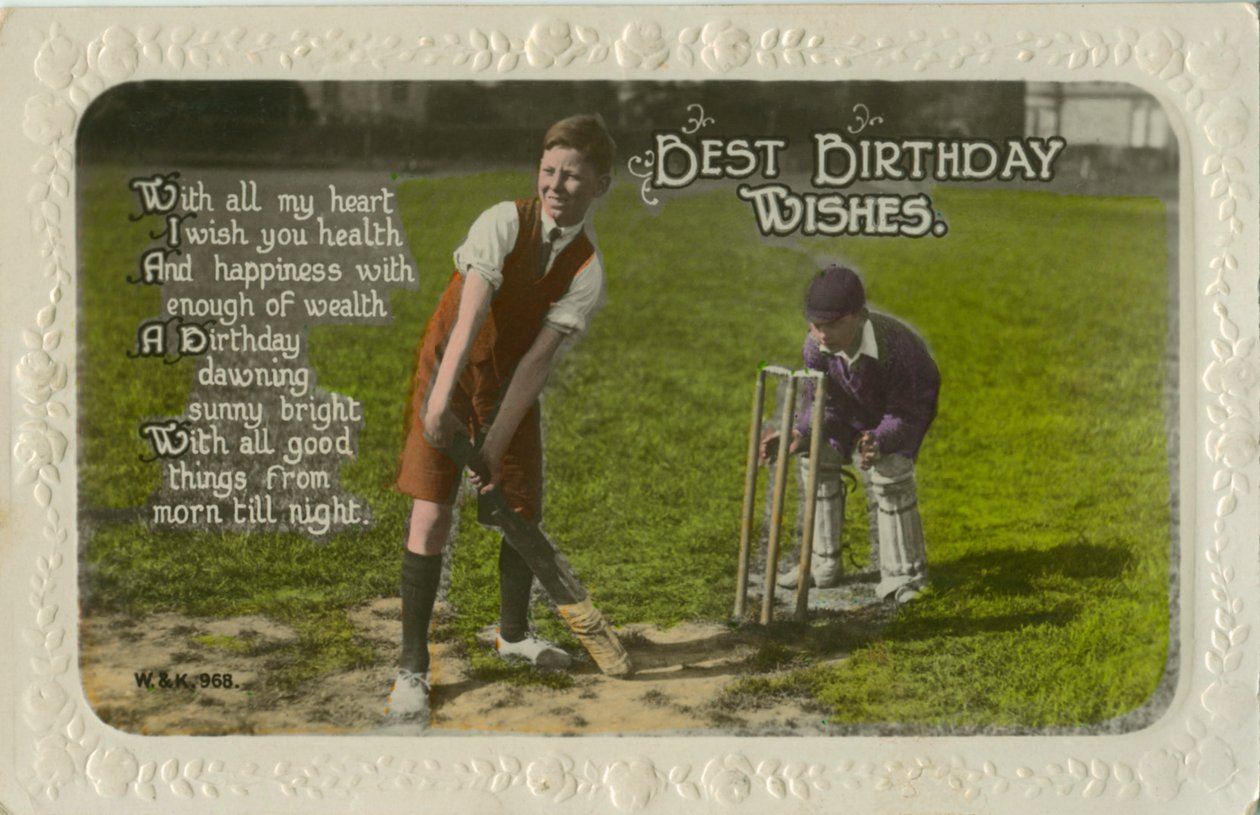 Geburtstagskarte mit zwei Jungen, die Cricket spielen von Unbekannt