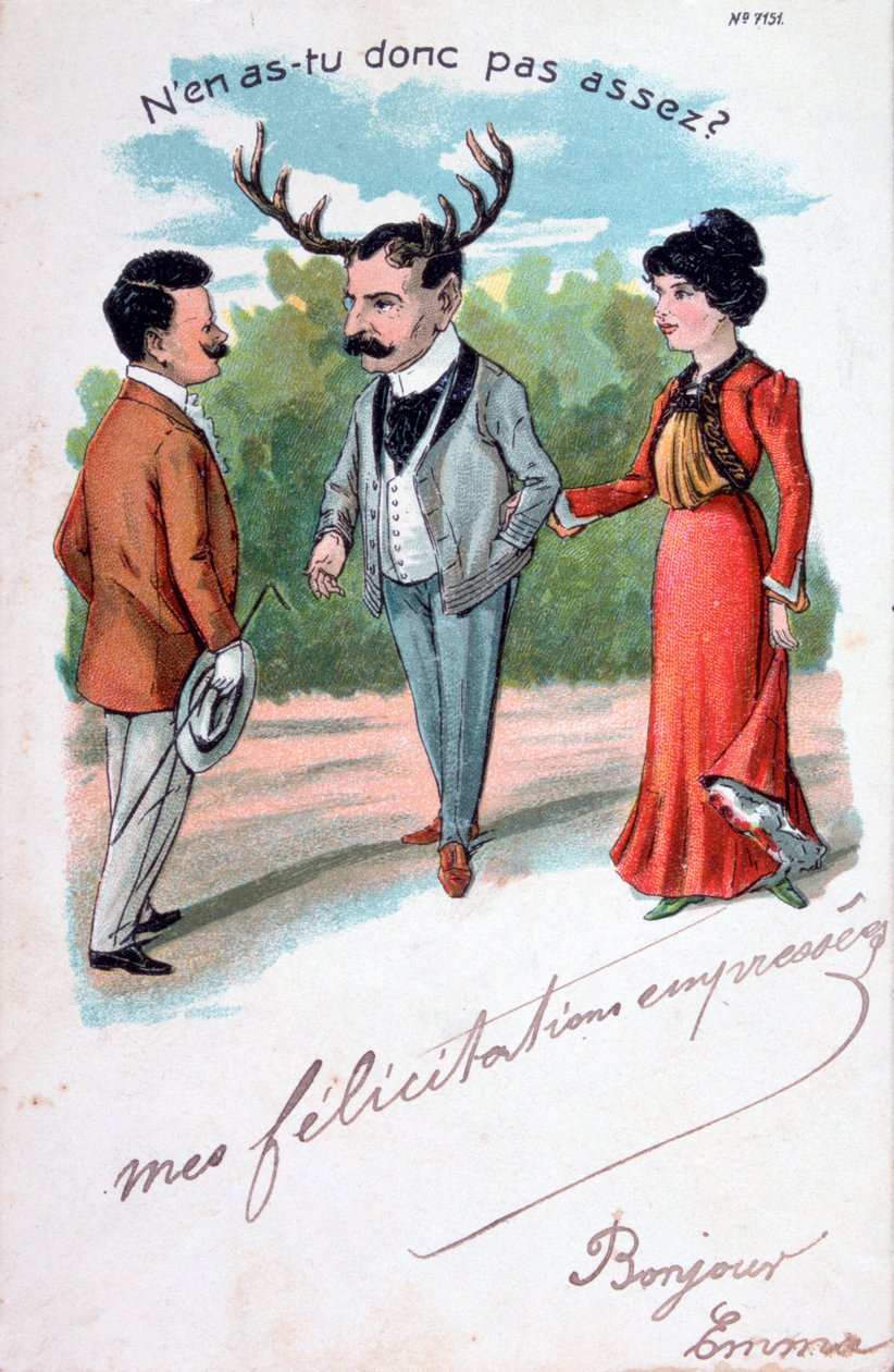 Französische Ehebruch-Karikatur-Postkarte, ca. 1900 von Unbekannt