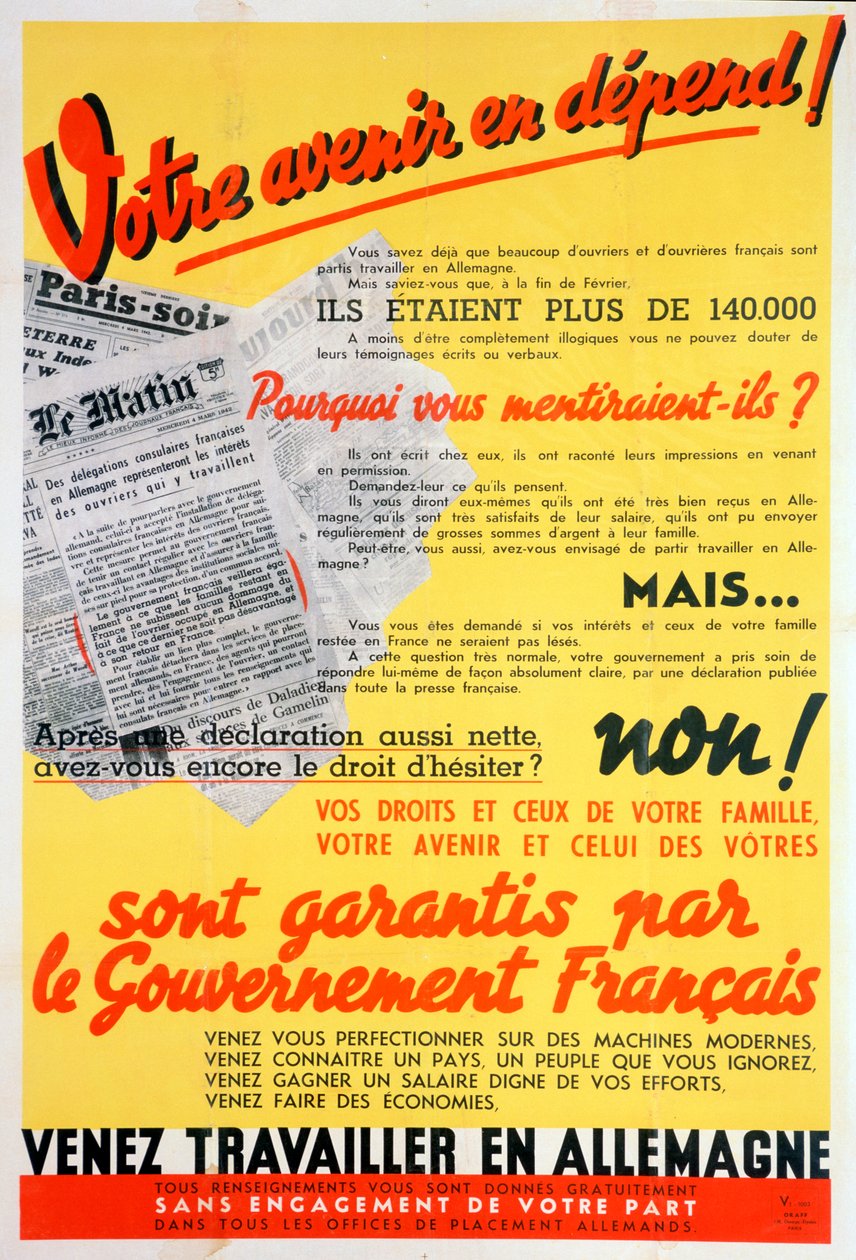 Französische Arbeiter für Deutschland Plakat, ca. 1942-1944 von Unbekannt