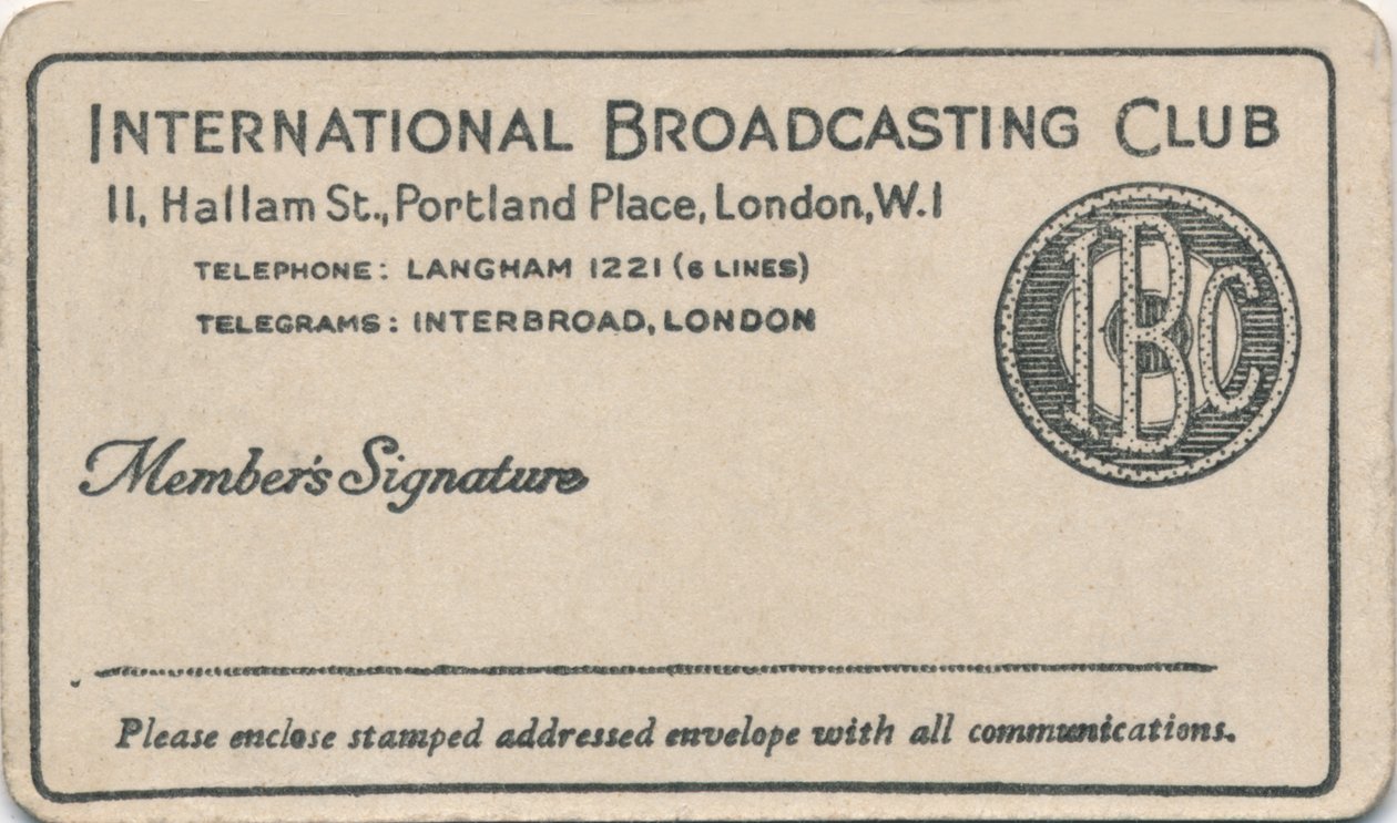 International Broadcasting Club: Mitgliedskarte, ca. 1930er Jahre von Unbekannt