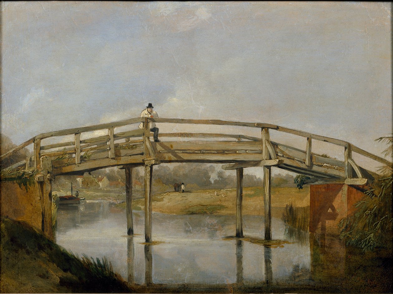 Landschaft mit einem Fluss und einer Brücke, ca. 1830 von Unbekannt