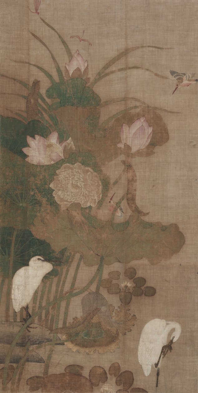 Lotusblumen, Insekten und Vögel, 1800er von Unbekannt
