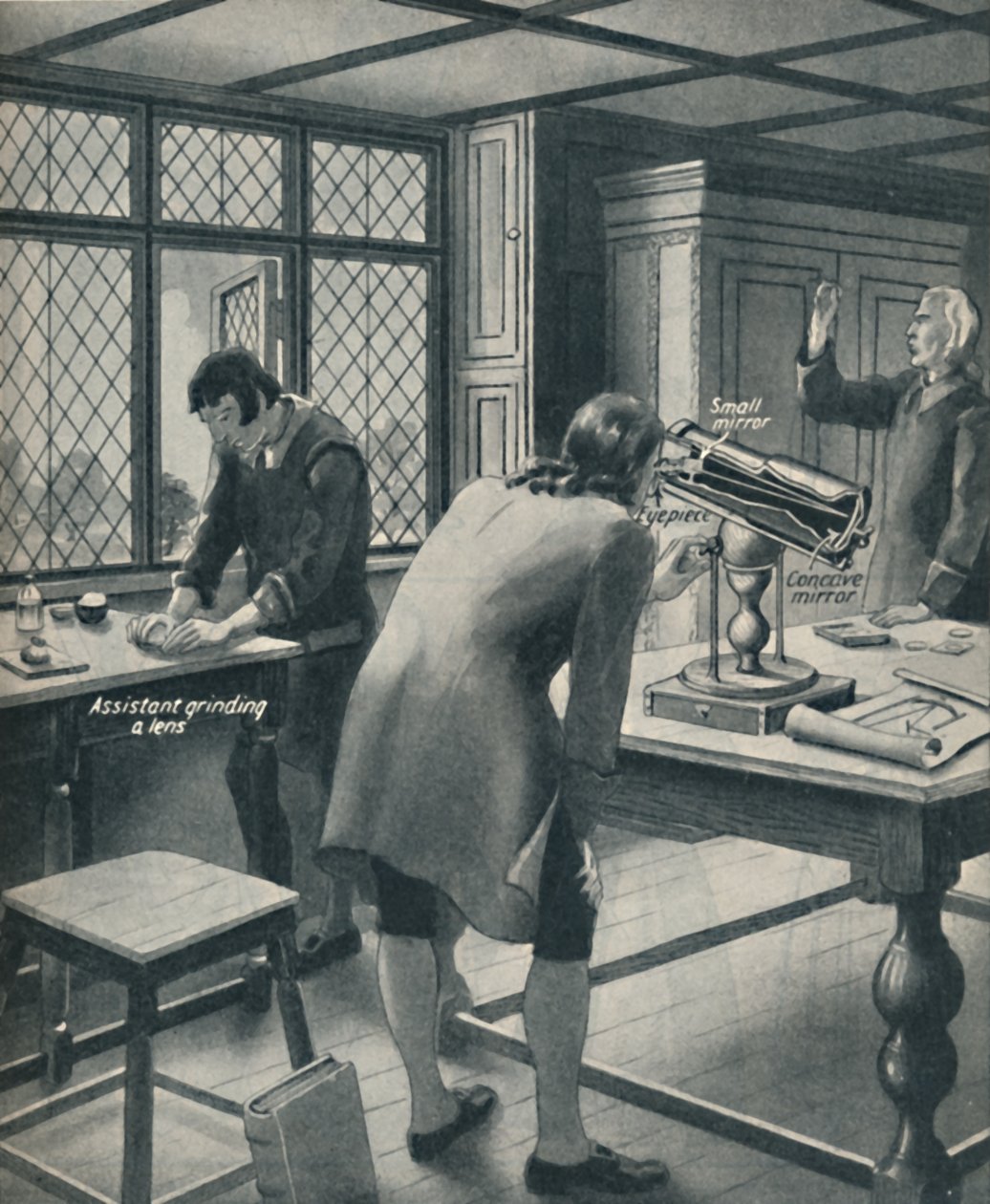 Newton erfindet ein neues Teleskop, um 1934 von Unbekannt