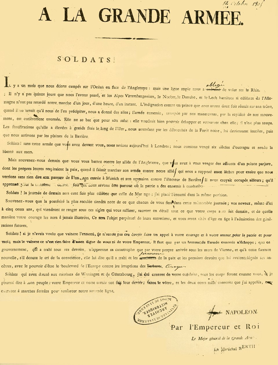 Proklamation an die Armee, 13. Oktober 1805 von Unbekannt