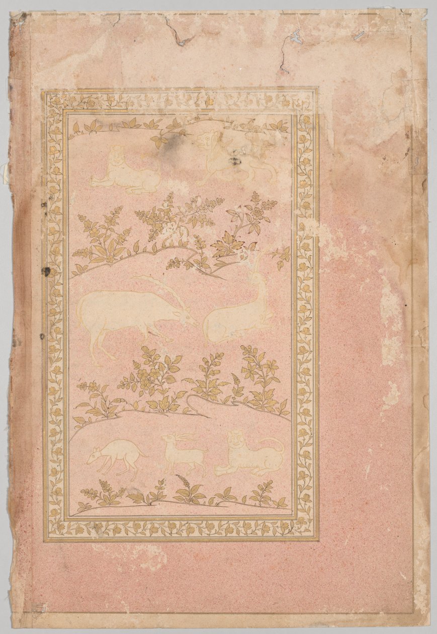 Schablonierte Szenen von Löwe und Gazelle, um 1710 von Unbekannt
