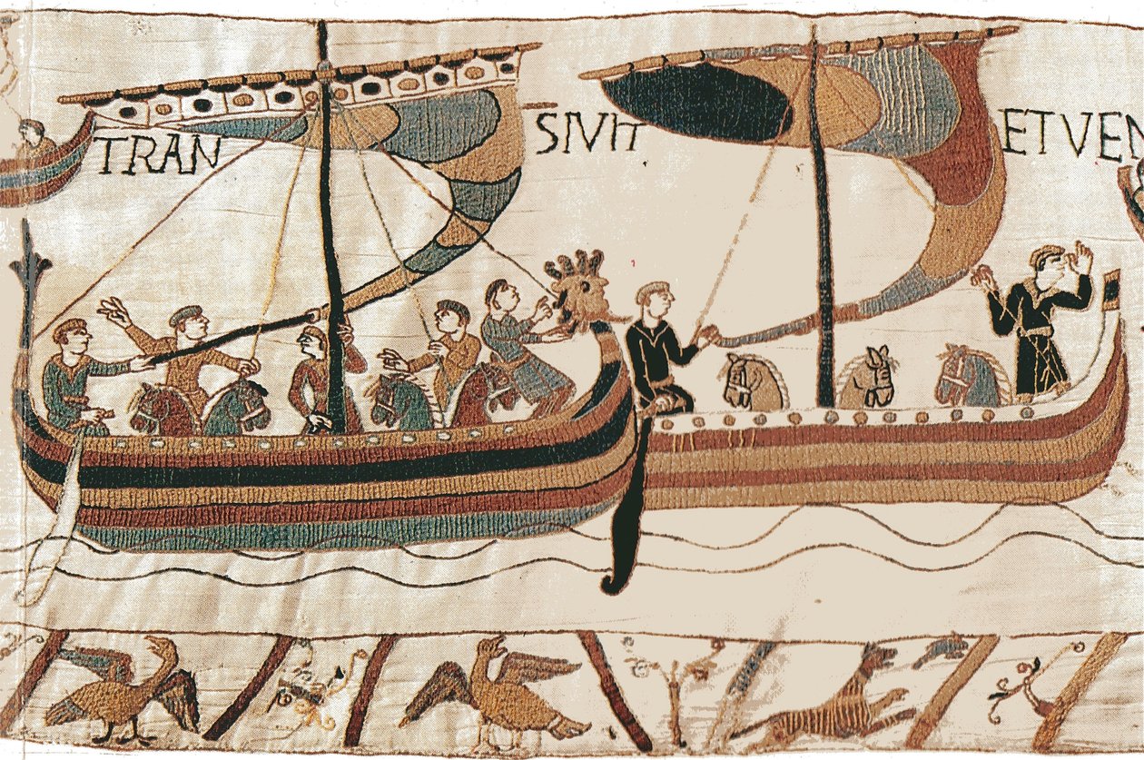 Herzog Wilhelm und die normannische Invasionsflotte überqueren den Kanal, Bayeux-Teppich von Unbekannt Unbekannt