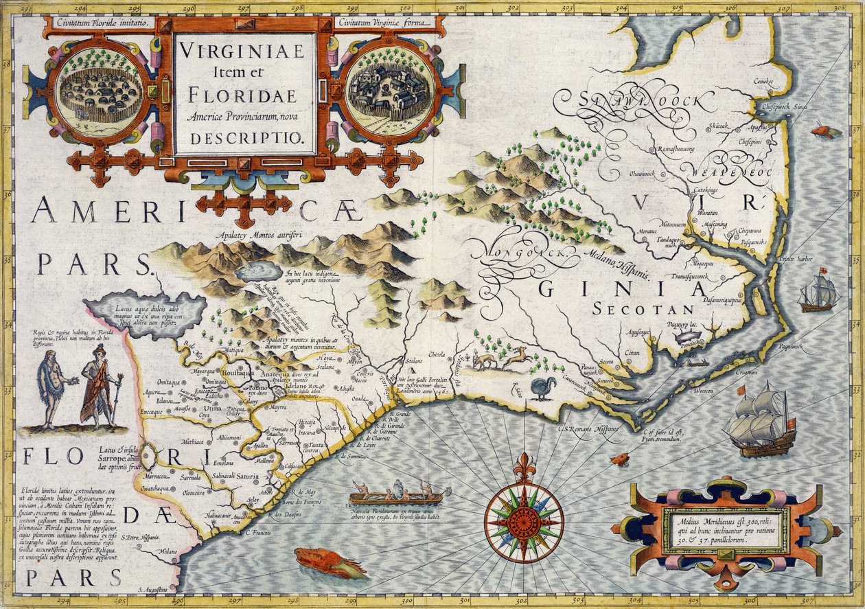 North Carolina, betitelt "Virginiae item et Floridae" aus dem Mercator-"Atlas..." von 1606, veröffentlicht von Jodocus Hondius, 1619 von Unbekannt Unbekannt