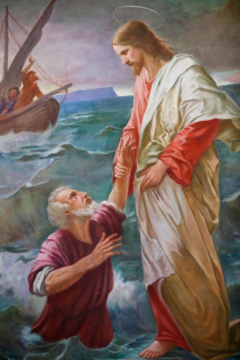 Saint-Grat-Kirche, Gemälde, Peter ging auf dem Wasser zu Jesus, aber er bekam Angst und begann zu sinken, und Jesus rettete ihn, Valgrisenche, Italien von Unbekannt Unbekannt