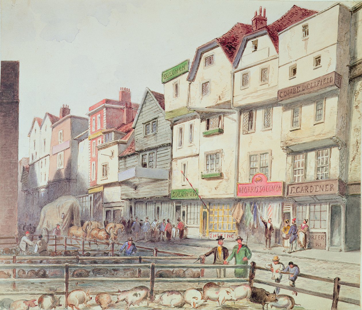 Ansicht der Long Lane, mit Schweinen in Ställen in einem Teil des Old Smithfield Market, 1844 von Unbekannt Unbekannt