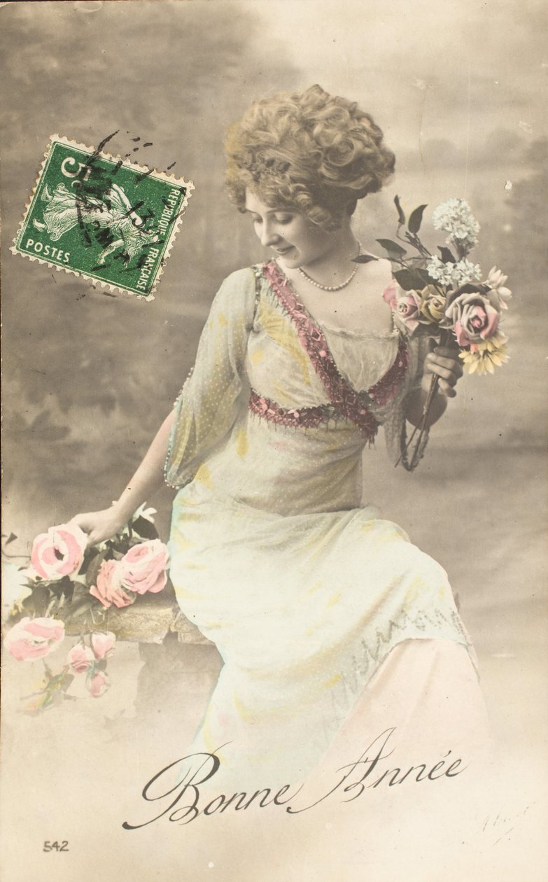 Alte Postkarte Frohes Jahr Wunsch Frau Belle Epoque von William M. Timlin