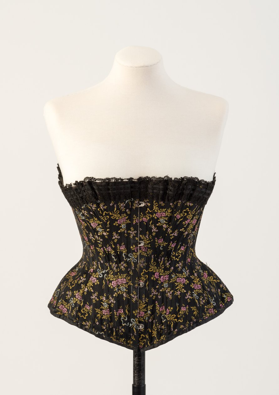 Schwarzes gewebtes Seidenkorsett mit winzigen blauen und rosa Blumen, 1890er Jahre von Unbekannt Unbekannt