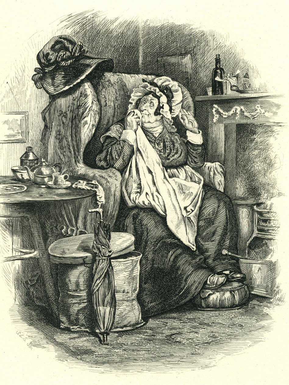 Martin Chuzzlewit: Mrs Gamp, gestochen von Stephen Alonzo Schoff (1818-1904) von Unbekannt Unbekannt