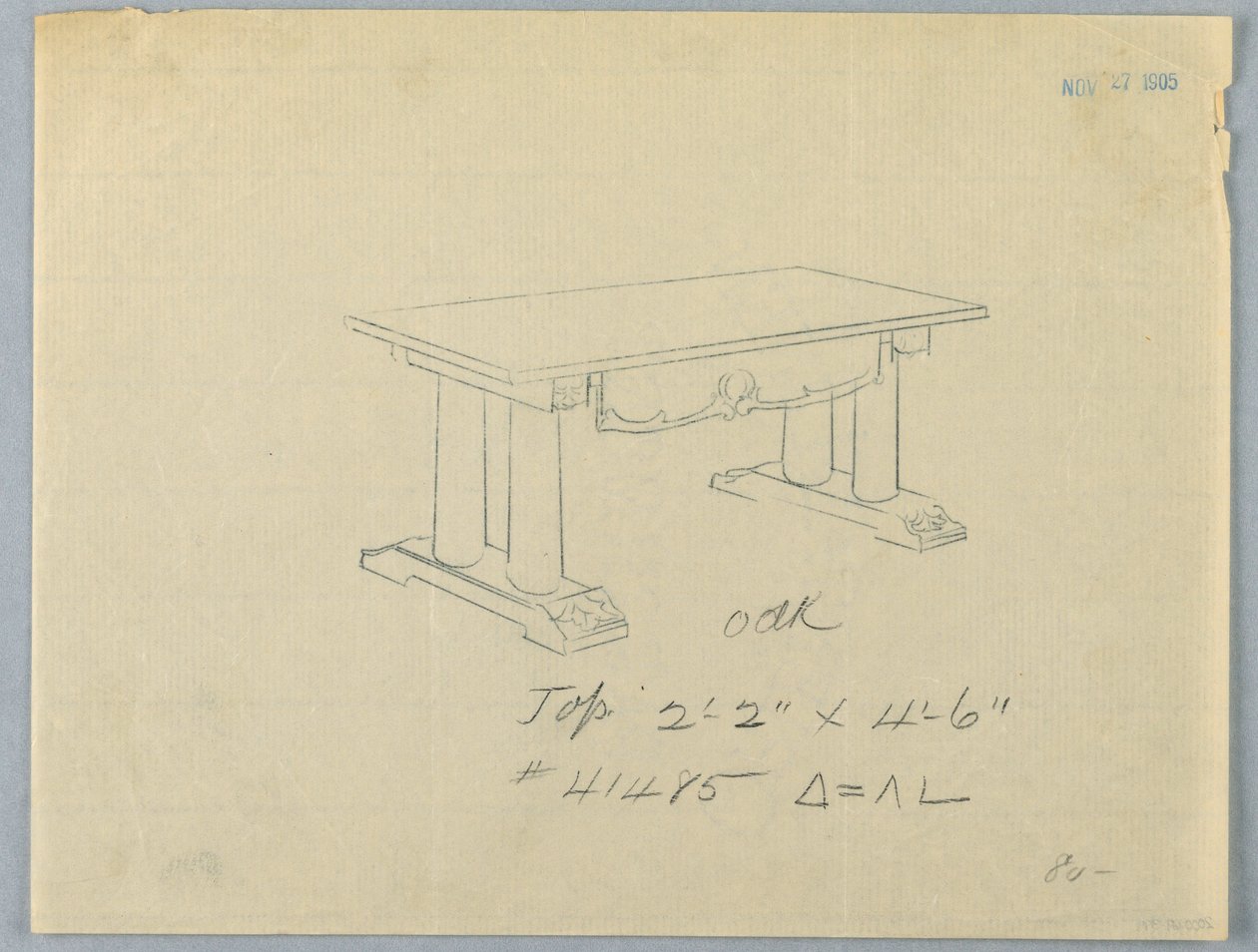 Zeichnung, Entwurf für einen großen Tisch mit Säulenstützen und Giebelbasis, 1900-05 von Unknown