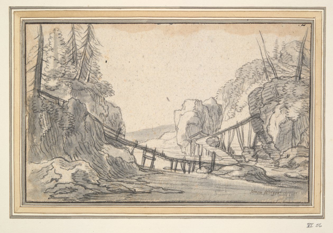 Gebirgige Landschaft mit Holzbrücke von Unknown
