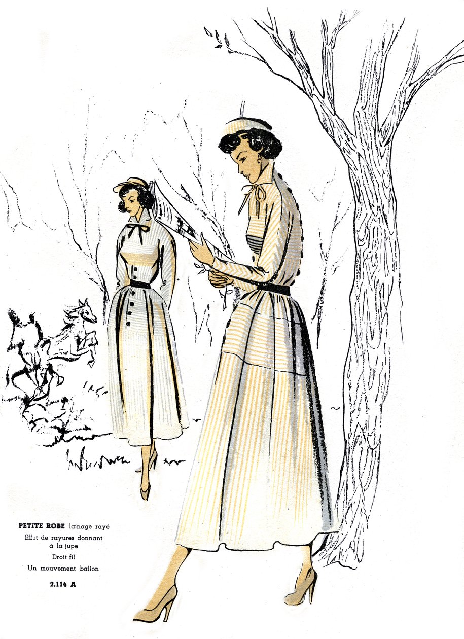 Französische Mode, kleines gestreiftes Kleid-Design von Unknown artist