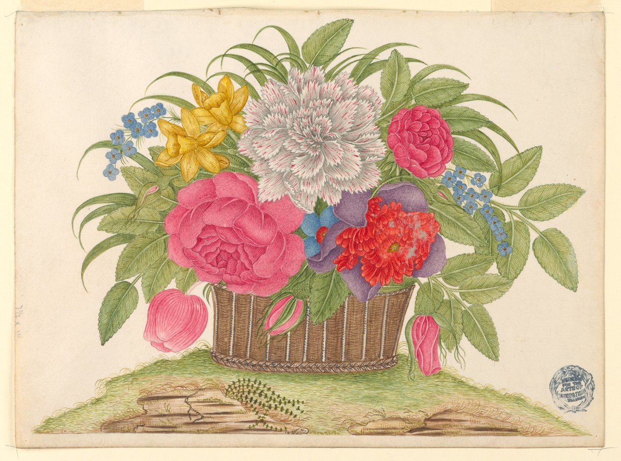 Korb mit Blüten und Blättern auf der Erde von Unknown artist