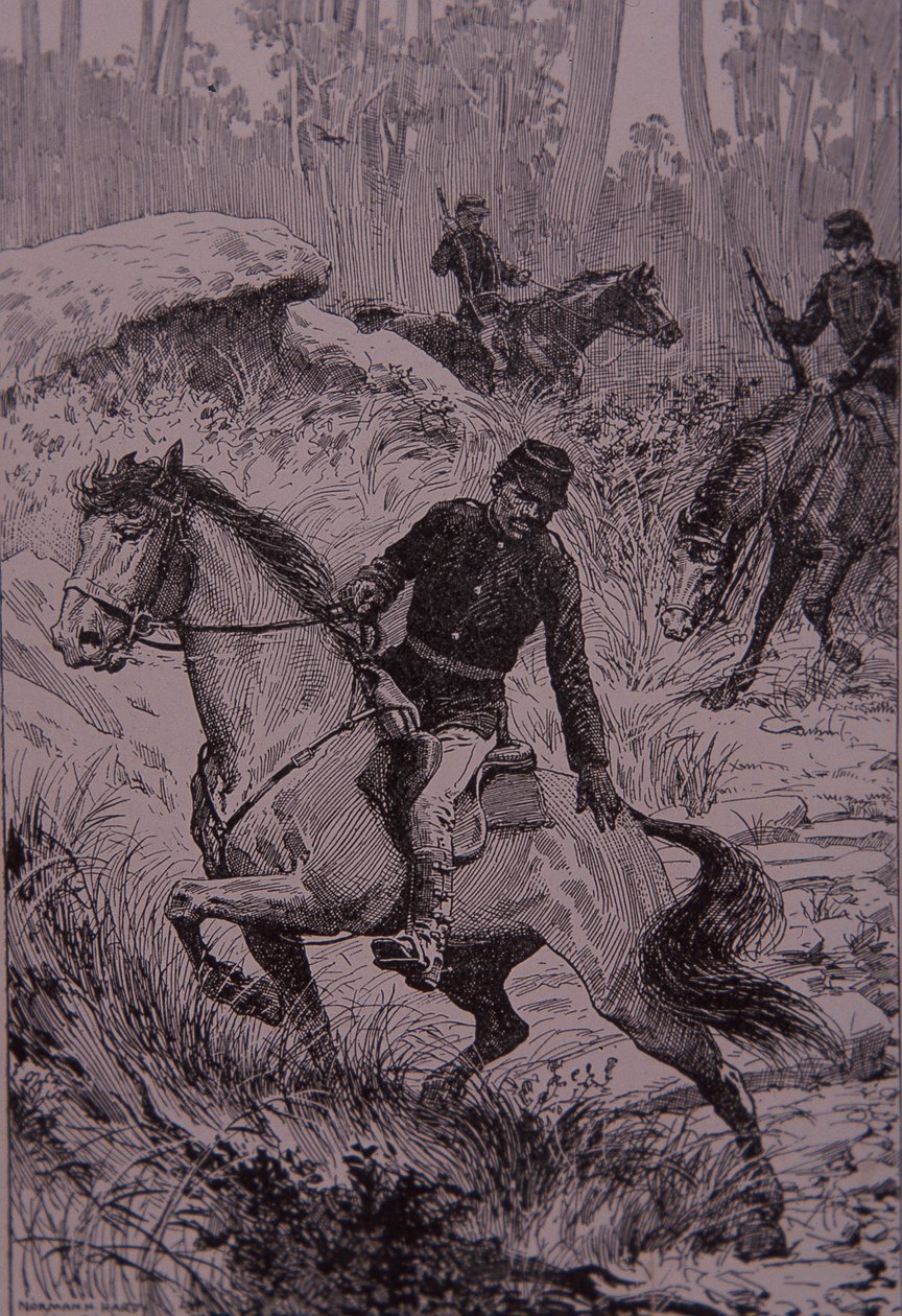 Schwarze Fährtenleser verfolgen Buschräuber in Australien (Stich) von Unknown artist