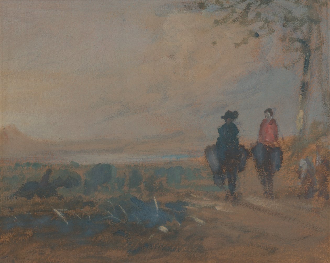 Landschaft mit See und zwei reitenden Figuren von Unknown artist