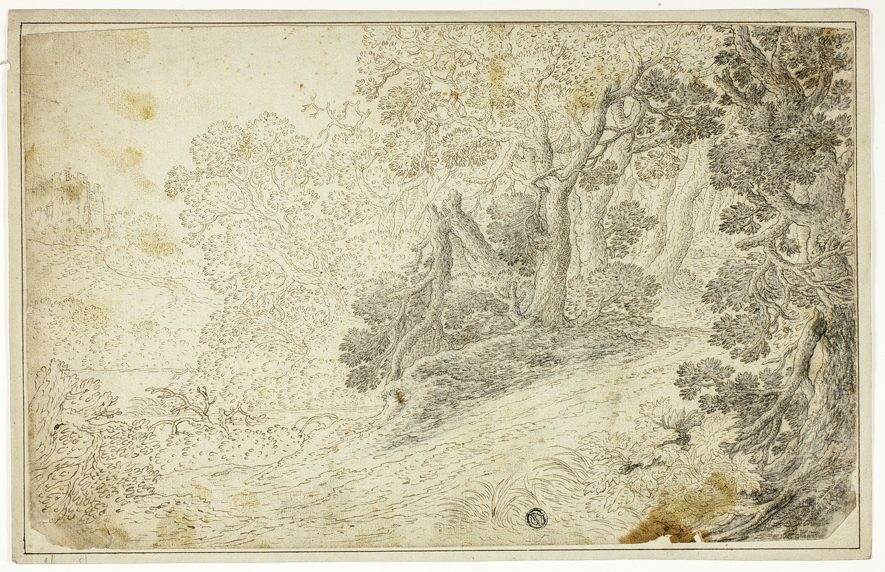 Bewaldete Flusslandschaft mit Blick auf eine Burg von Unknown artist