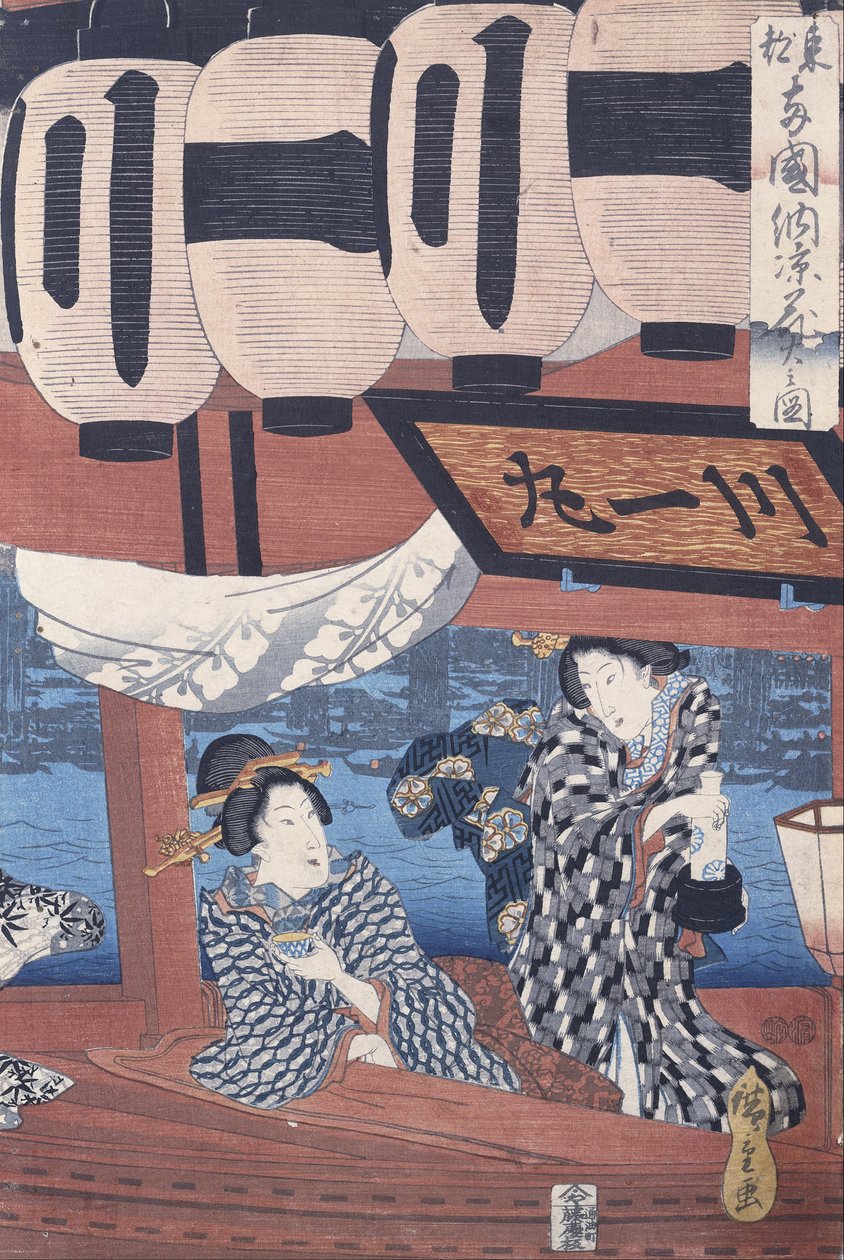 Genießen des Feuerwerks und der Abendkühle an der Ryogoku-Brücke in der östlichen Hauptstadt von Utagawa Hiroshige