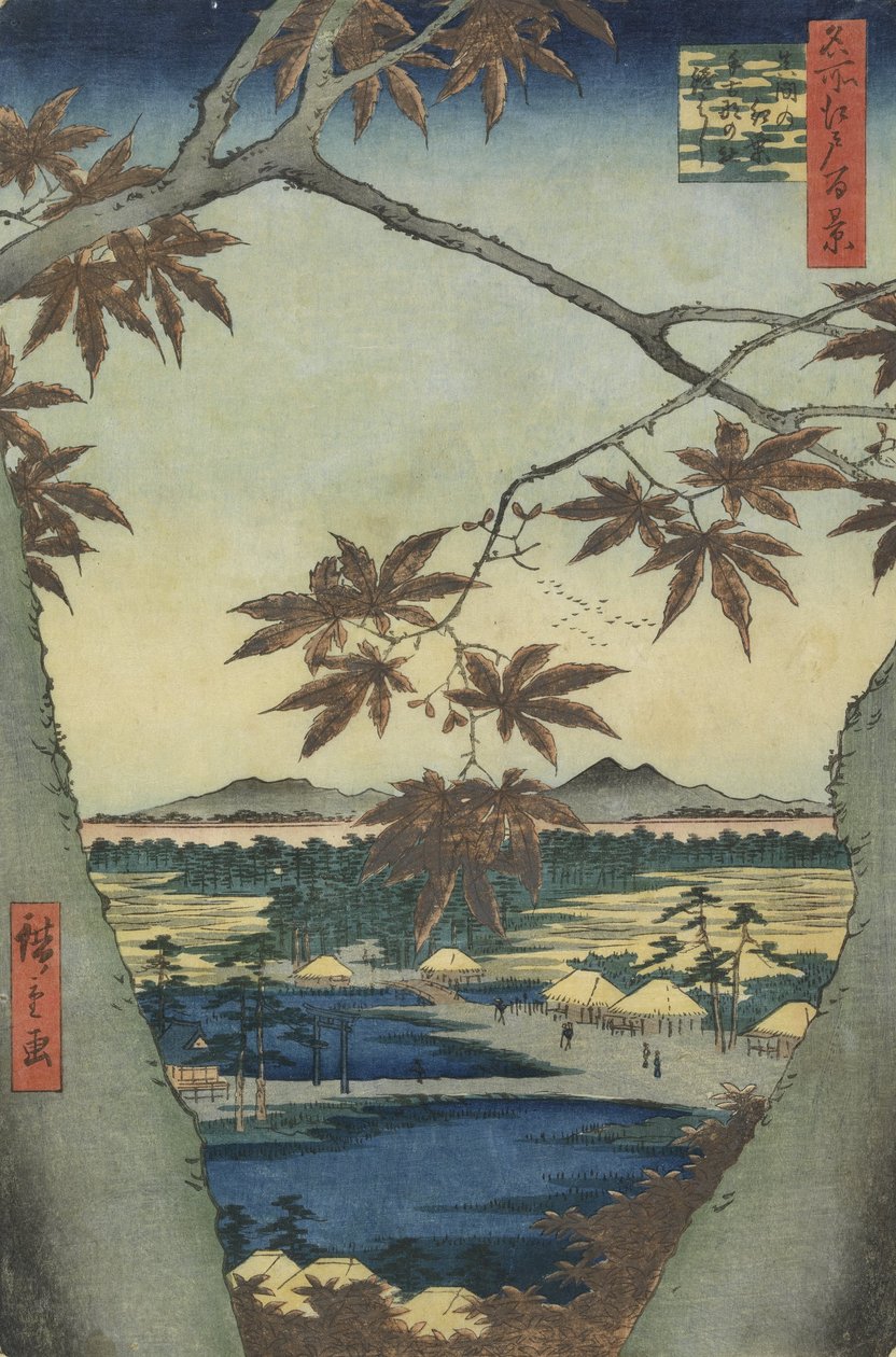 Die Ahornblätter von Mama, Tekona-Schrein und Tsugi-Brücke von Utagawa Hiroshige